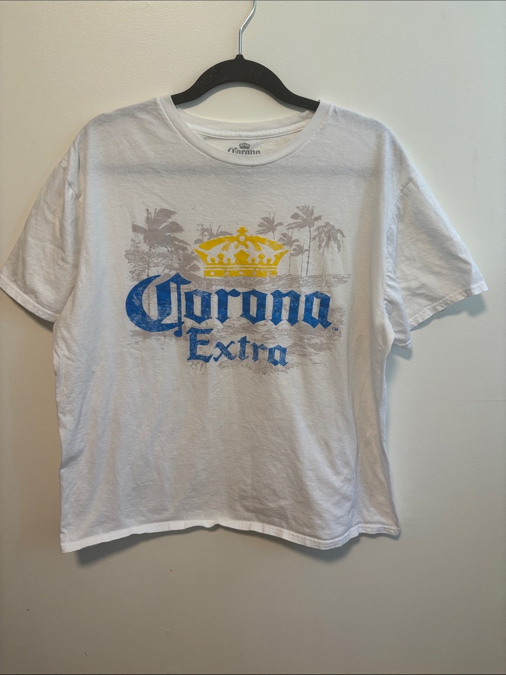 Corona White Tee with Blue Logo and Yellow Crown